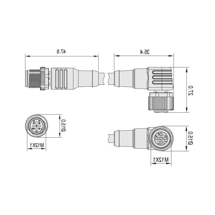 M12 4Pin、母头90°转公头直型、双端预铸PUR柔性电缆、黑色护套、64D221-XXX